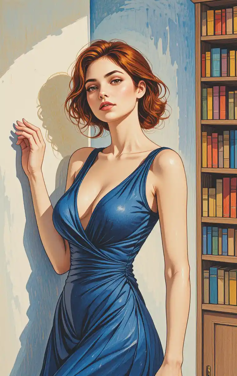 Elegant woman in blue silk robe color pencil portrait