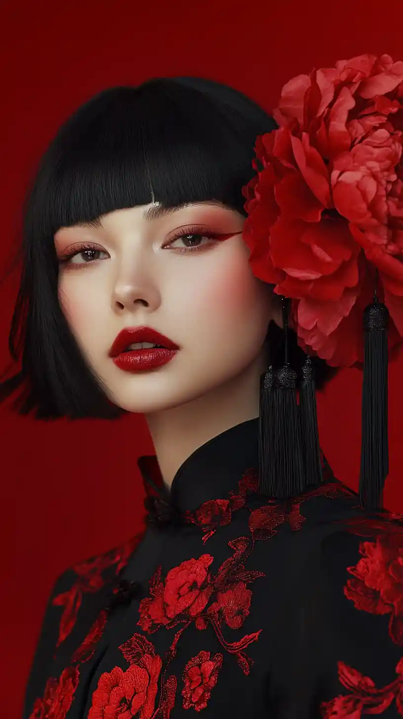 Elegant woman in black cheongsam with red peony details
