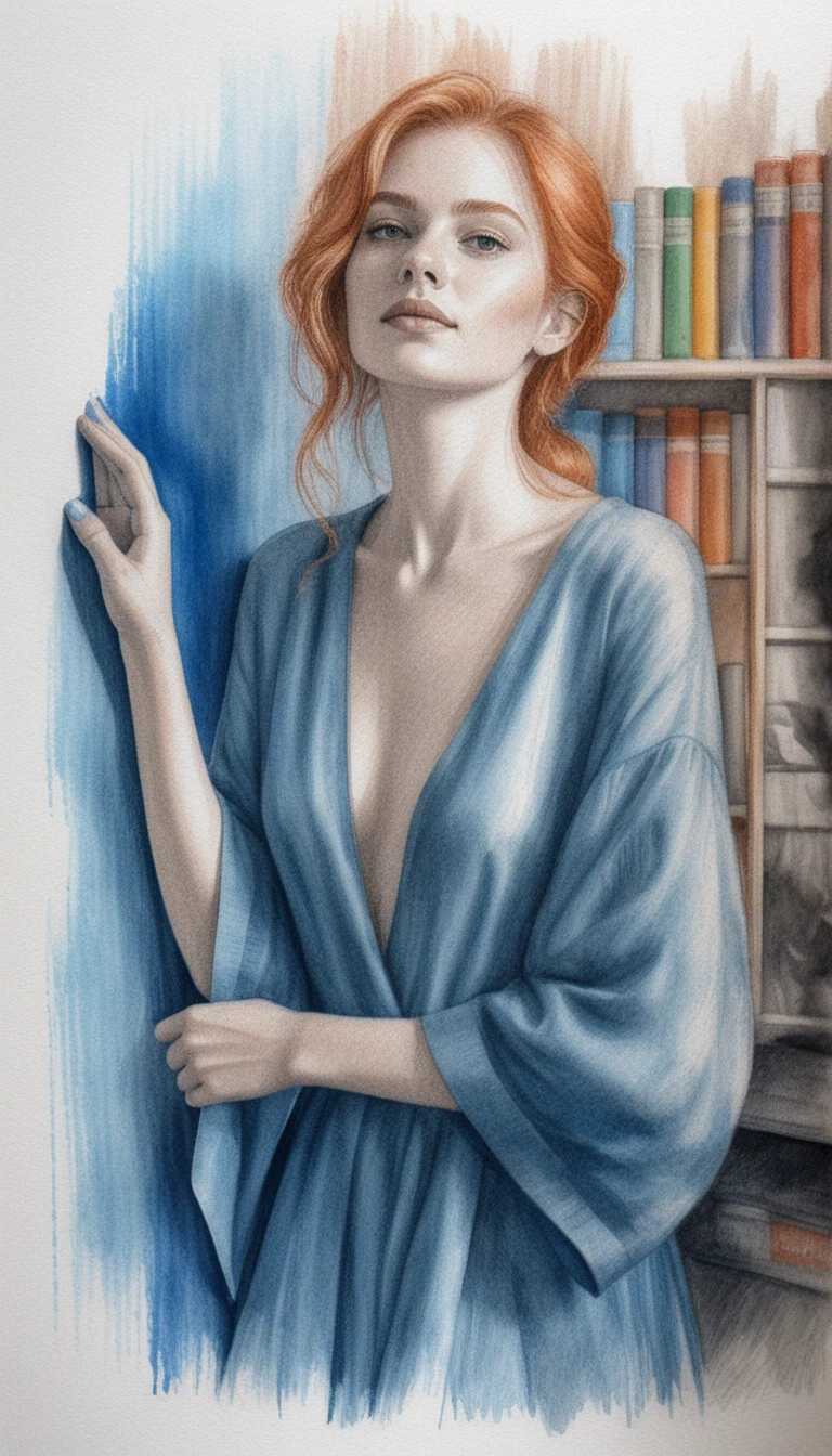 Elegant woman in blue silk robe color pencil portrait