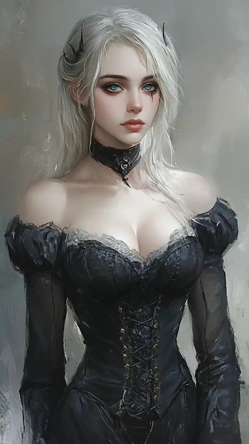 Horned woman in dark steampunk victorian corseted evening gown