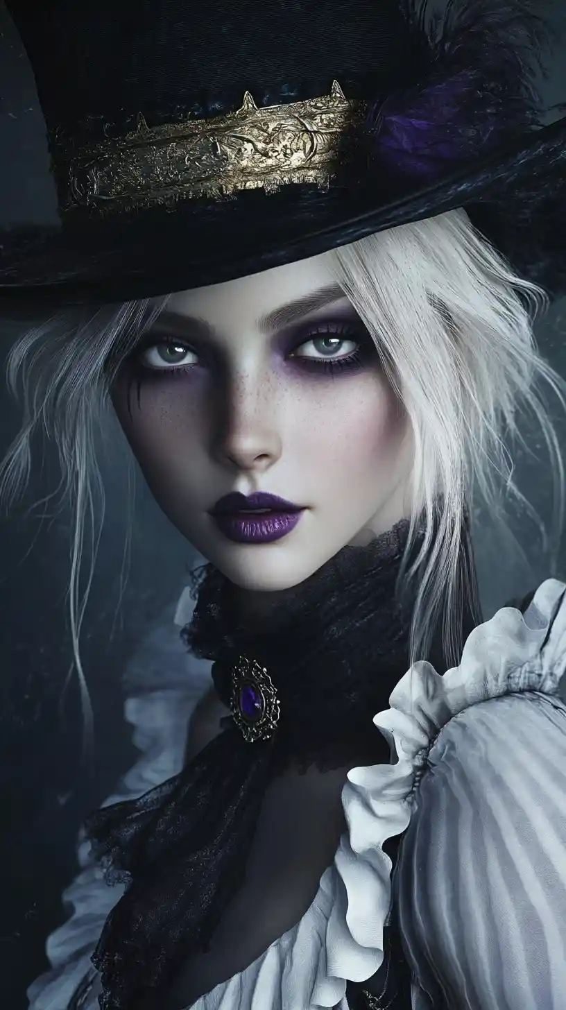 Melancholic woman in top hat with dark fantasy makeup