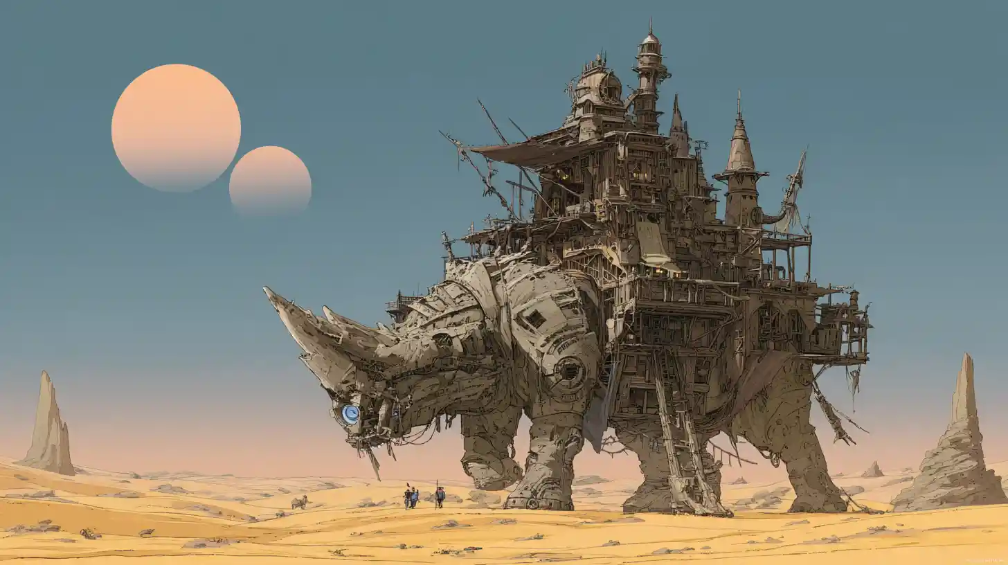 Nomadic caravan city on ancient beasts crossing alien desert