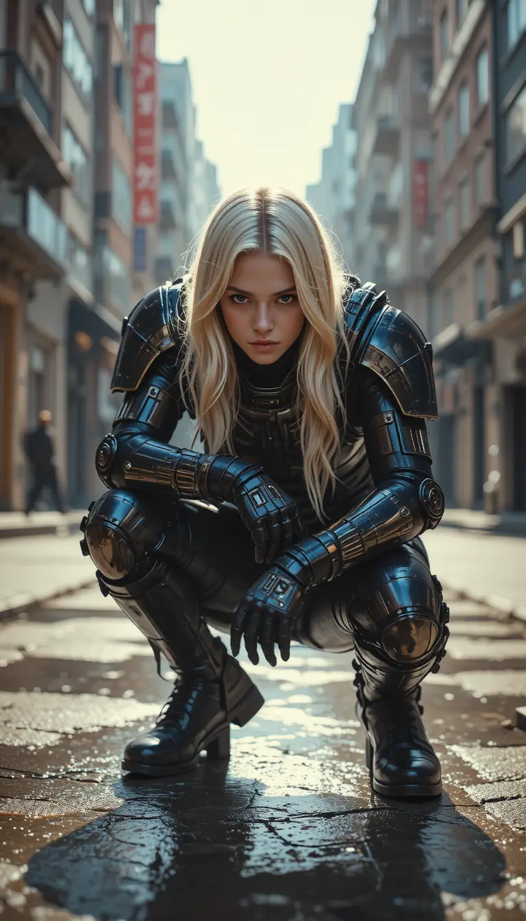 Blonde woman crouching on a sunny urban street