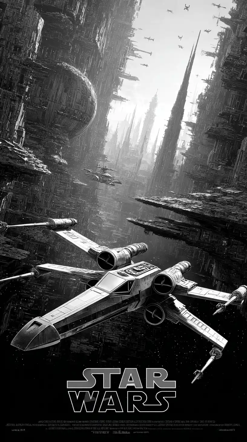 Pôster minimalista em preto e branco de uma nave espacial sci-fi