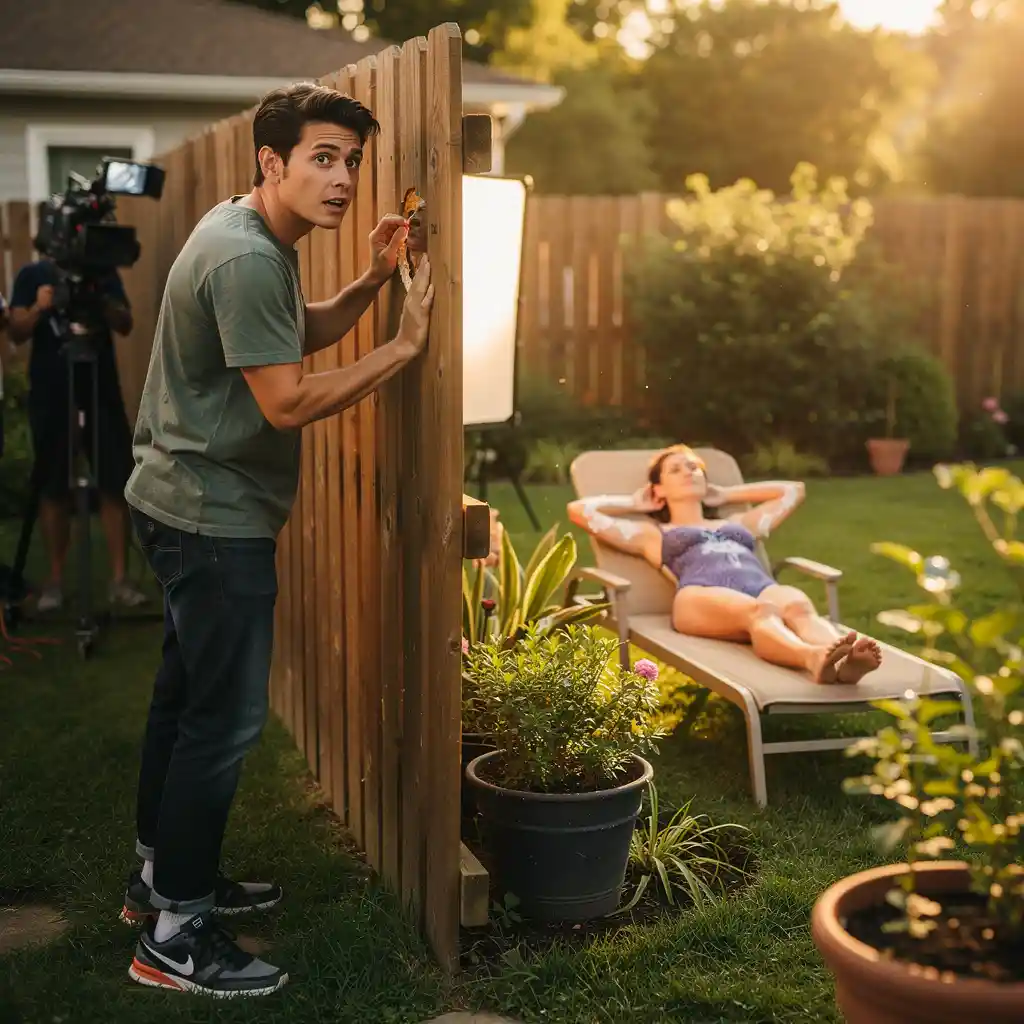 Man watching neighbor through a hole in a garden fence