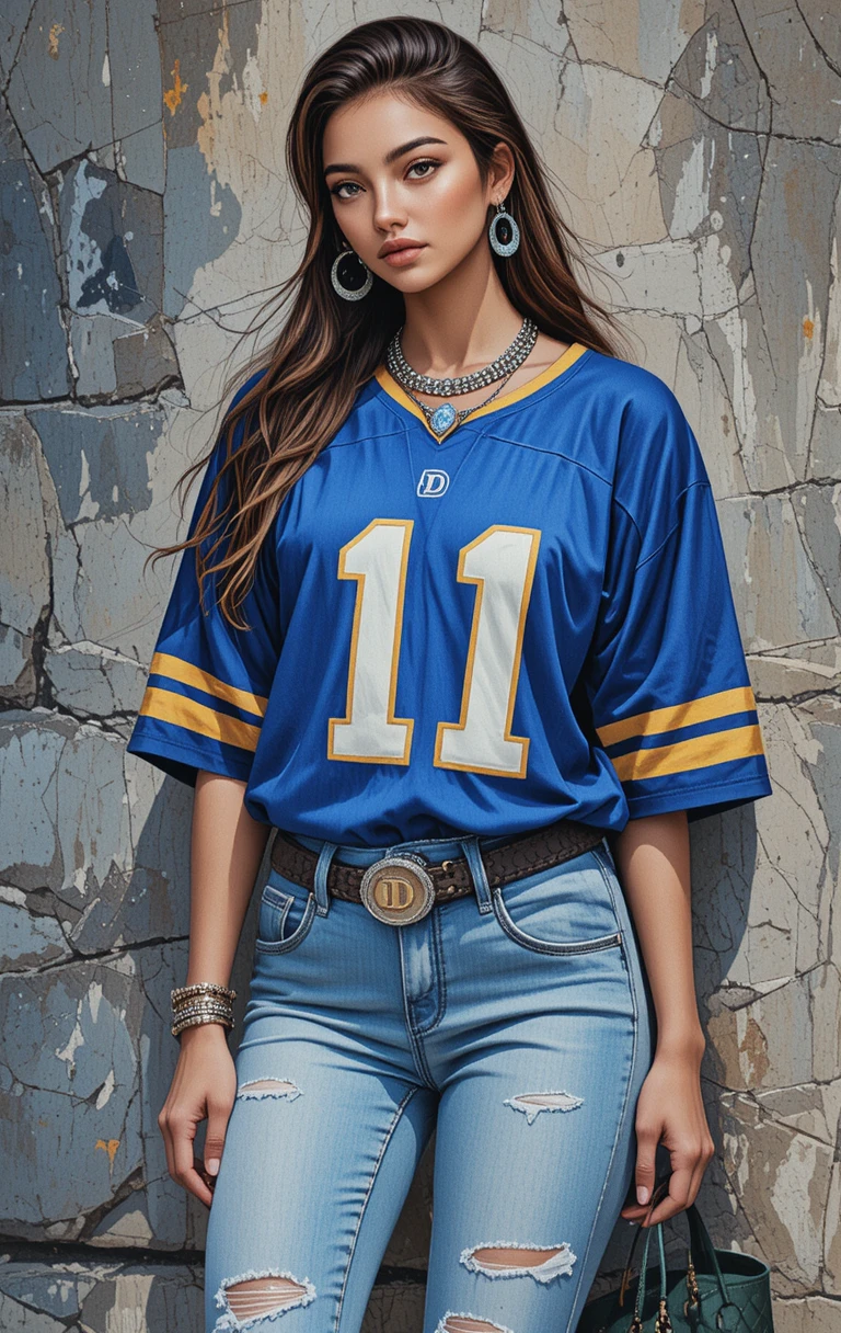 Young woman in blue jersey against sunlit stone wall