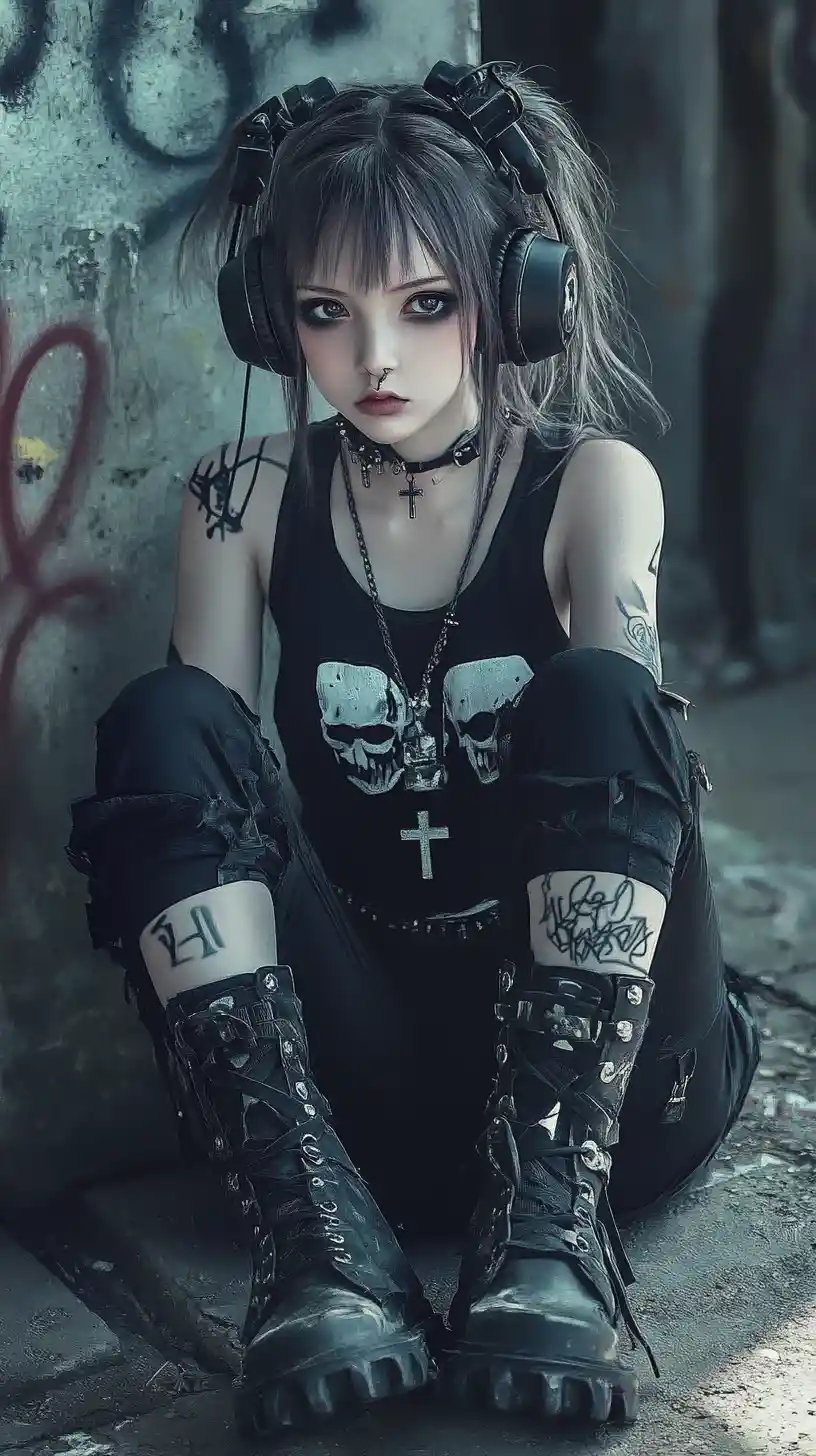 Gothic anime girl resting against a graffiti concrete wall