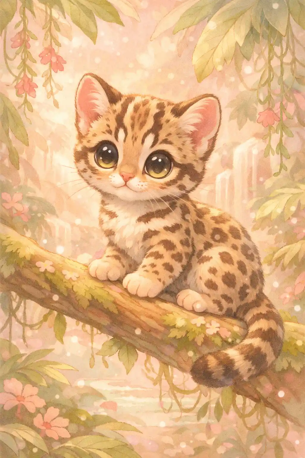 Baby jungle cat on branch in pastel nursery illustration