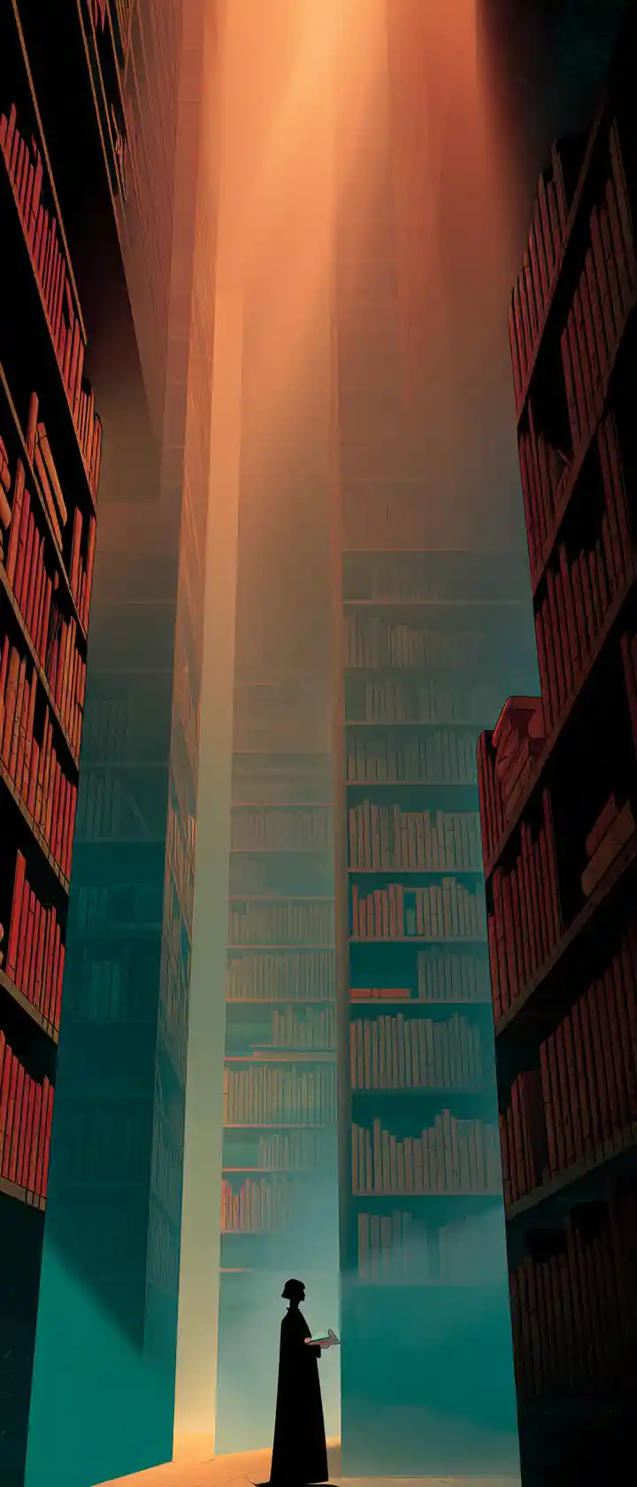 Bibliothécaire d’anime mystérieuse gardant des tomes lumineux dans une haute bibliothèque