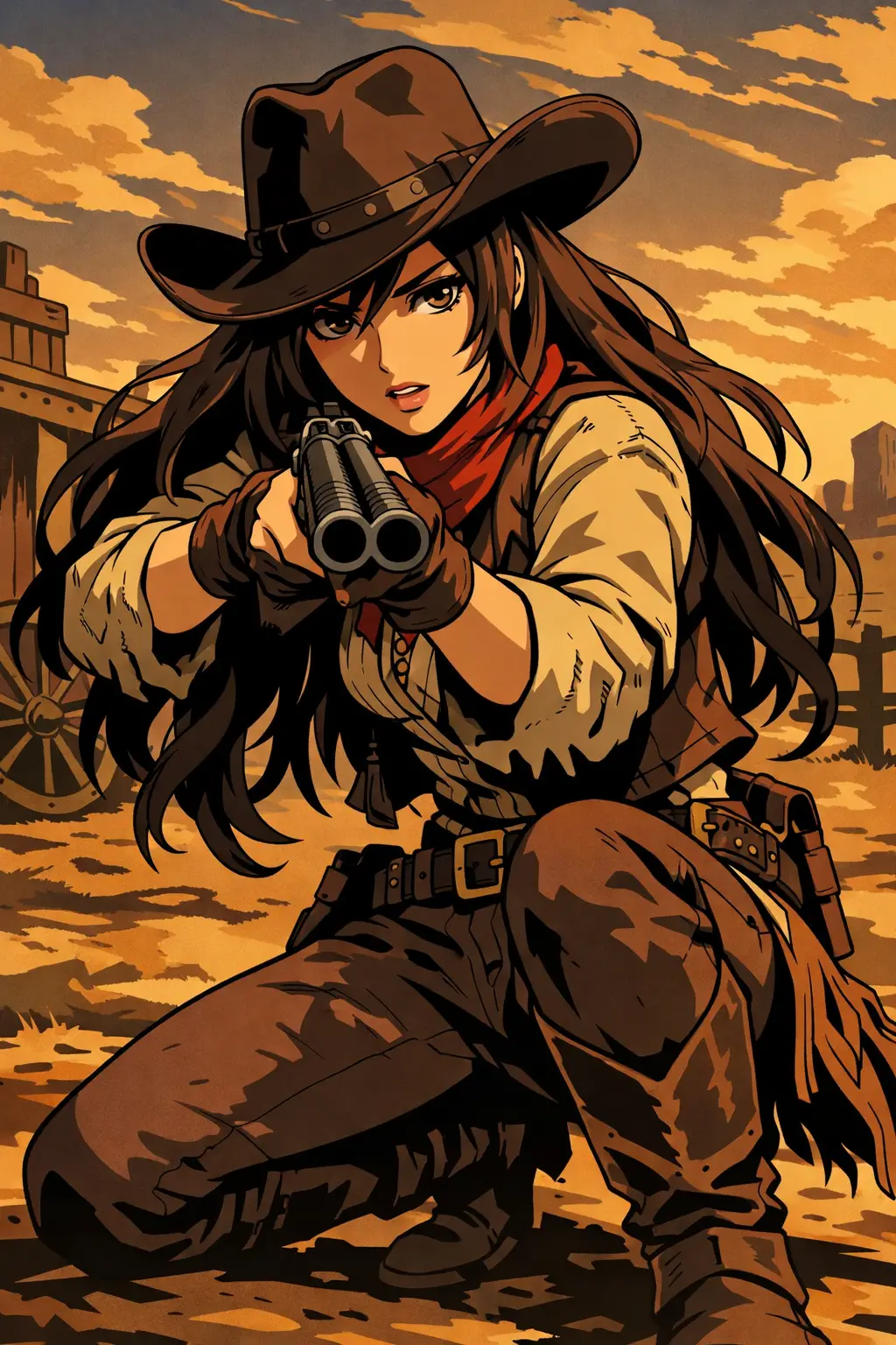 Cowgirl aiming a shotgun in dramatic cel shaded style