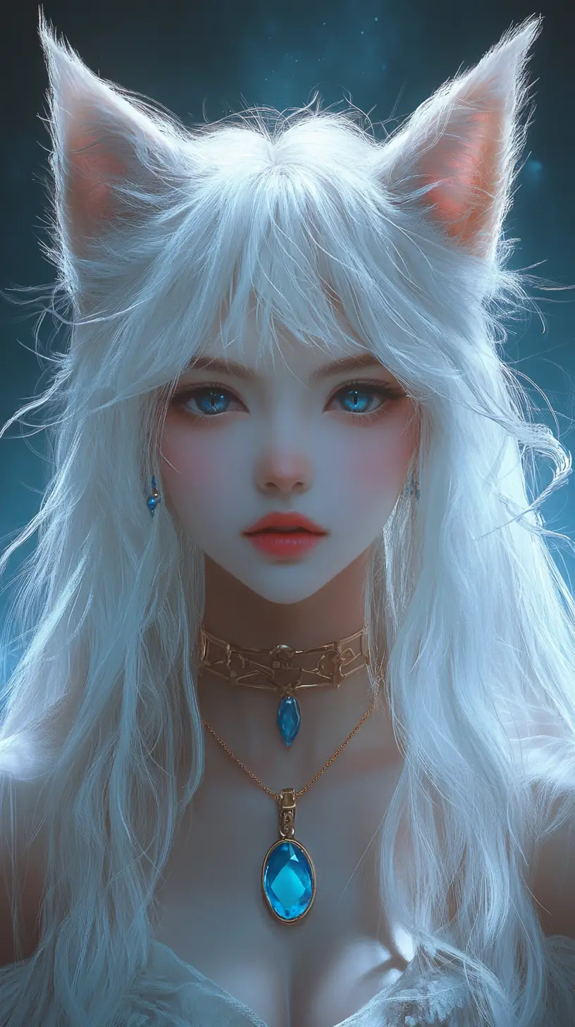 White haired anime girl with cat ears and blue jewelry