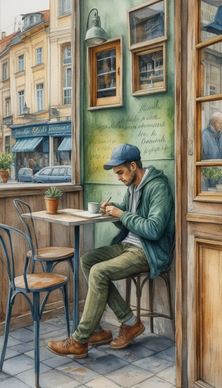 Thoughtful writer at a small cafe table by the window