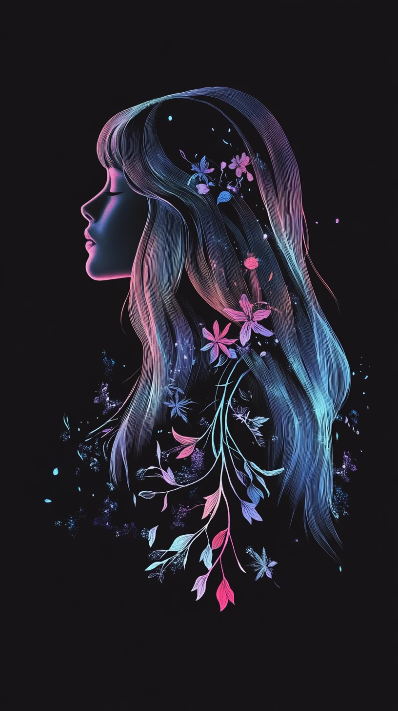 Ethereal tattooed woman in neon light on black background