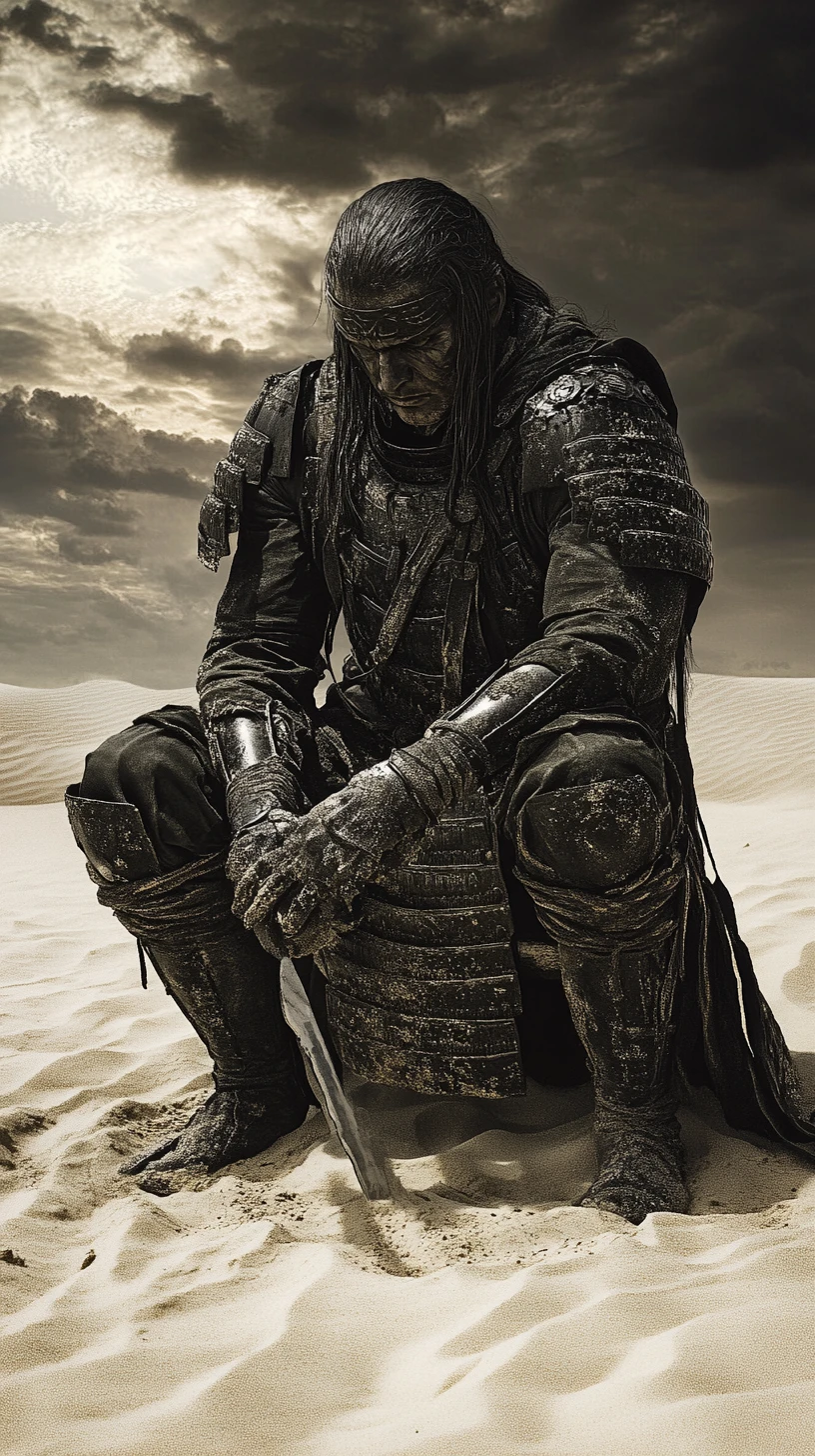 Exhausted samurai kneeling alone in sand at twilight