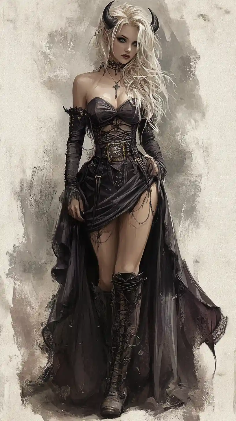 Horned woman in steampunk victorian gown facing the viewer