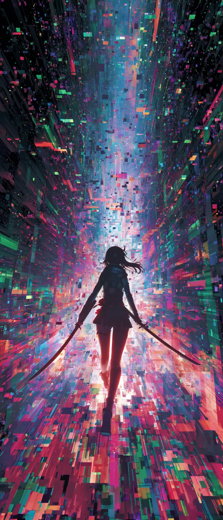 Cyber-Anime-Kriegerin schneidet durch herabfallenden Digitalkode