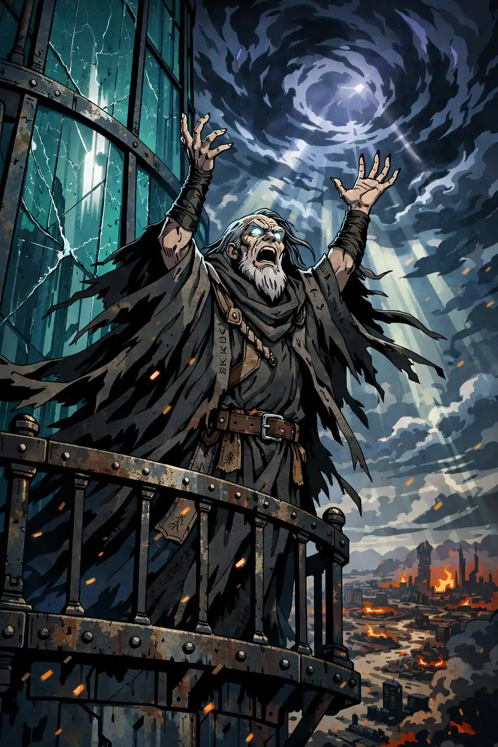 Mago ancestral lanzando un hechizo en el balcón de una torre de vidrio