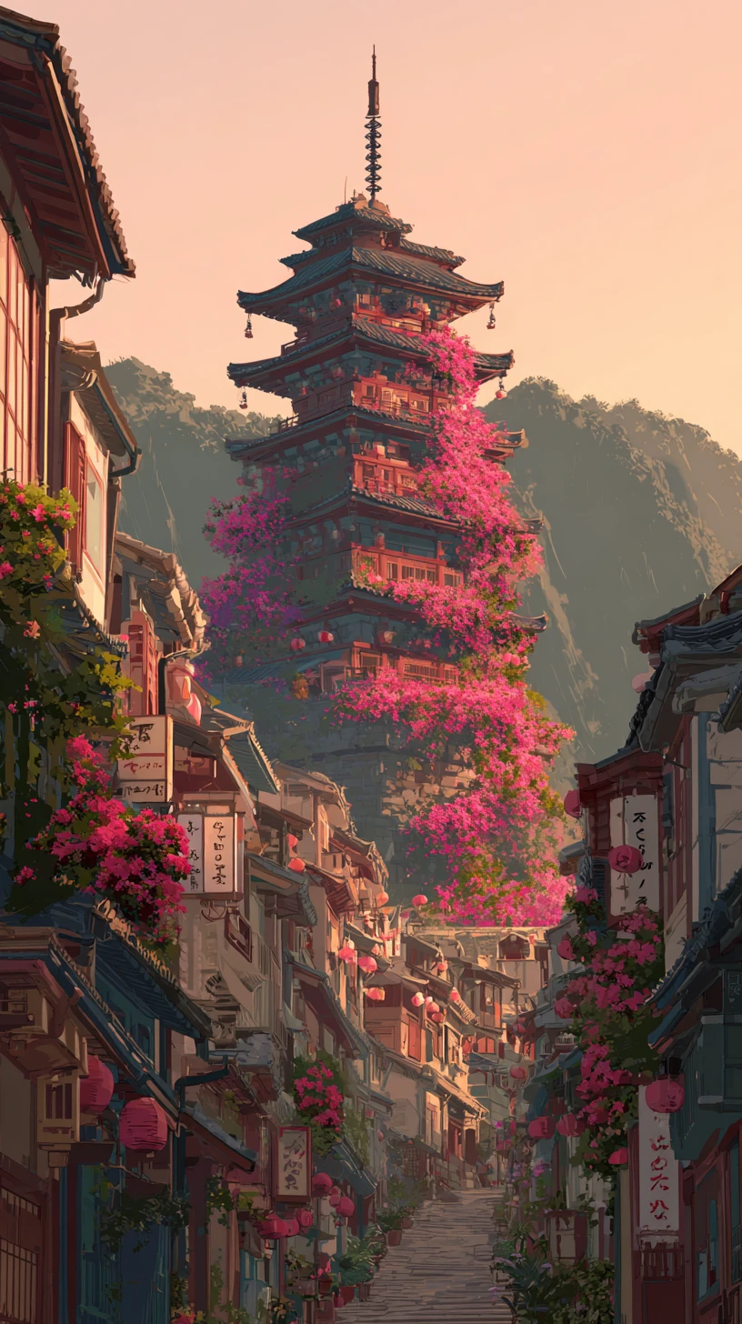 Sunset city street with pagoda on a steep hillside
