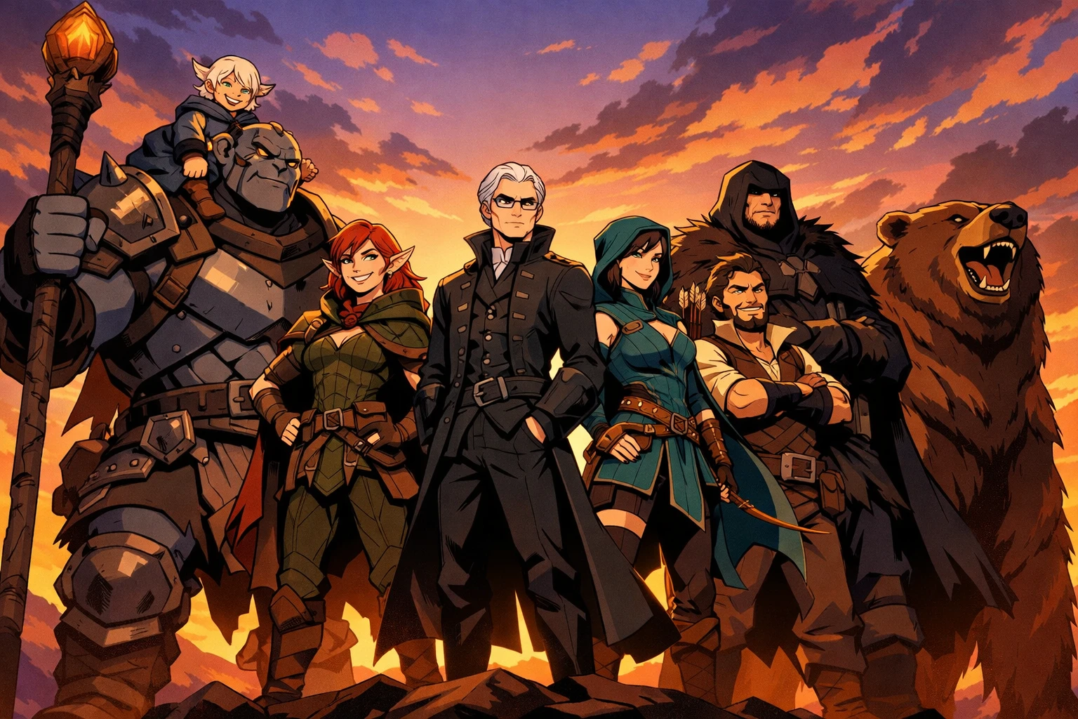 Heroic fantasy party at sunset in cel shaded style