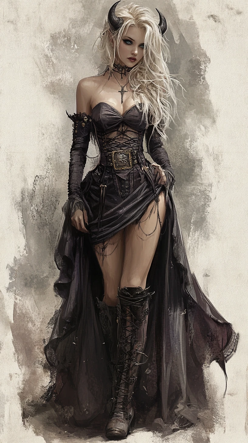 Horned woman in steampunk victorian gown facing the viewer