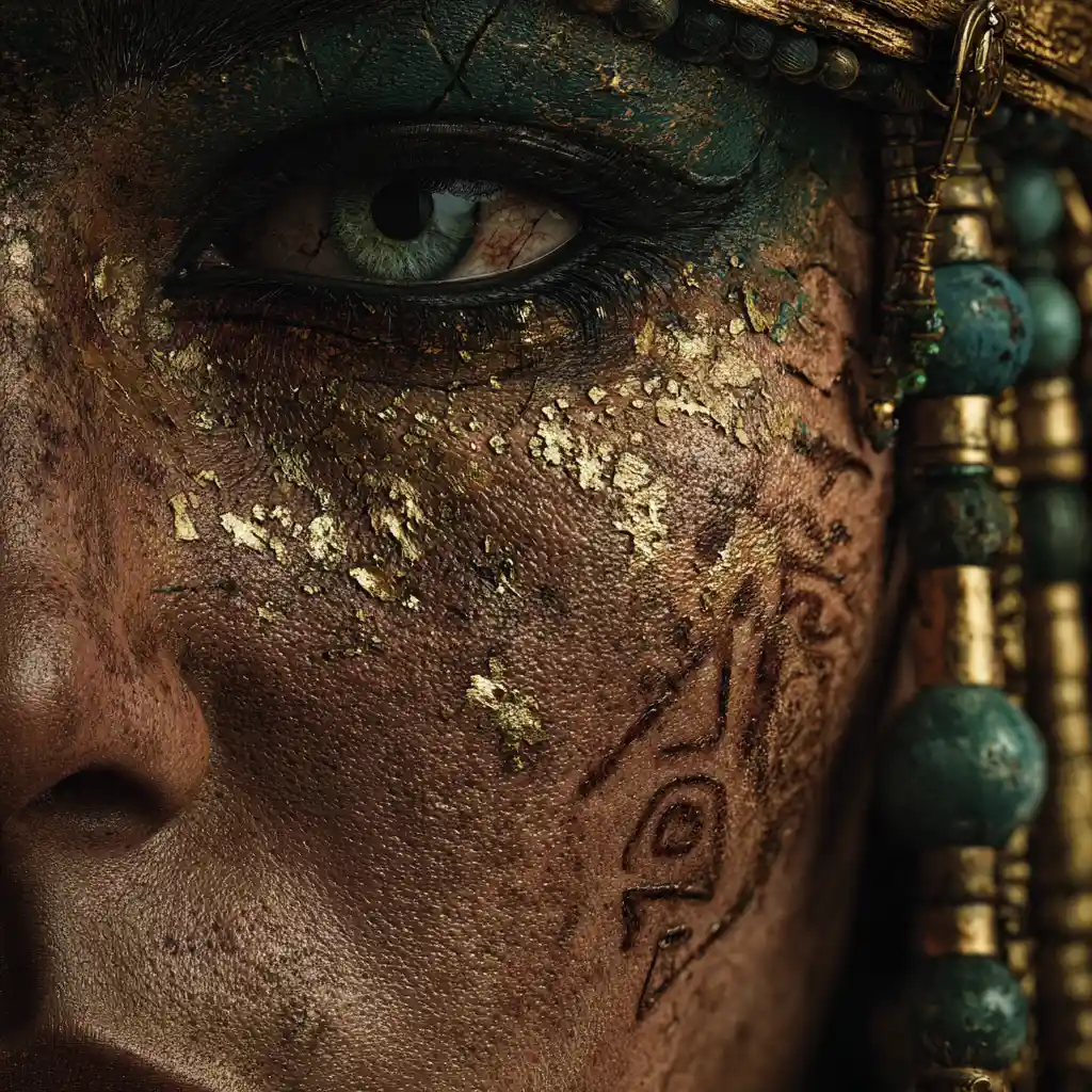 Macro portrait of an ancient Egyptian woman in shadow