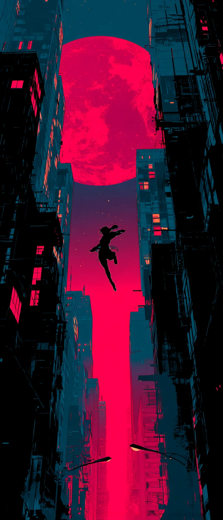 Anime shadow thief leaping across neon city skyscrapers