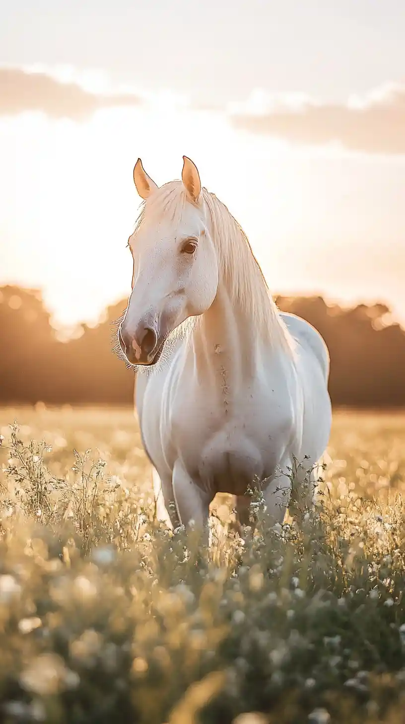 Cavallo bianco in un prato illuminato dal sole al tramonto