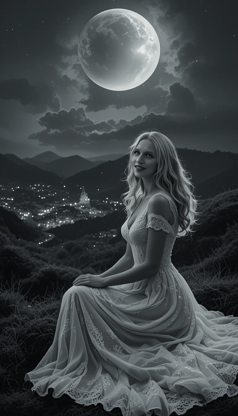 Woman In White Gown Under Crescent Moon On Quiet Hillside
