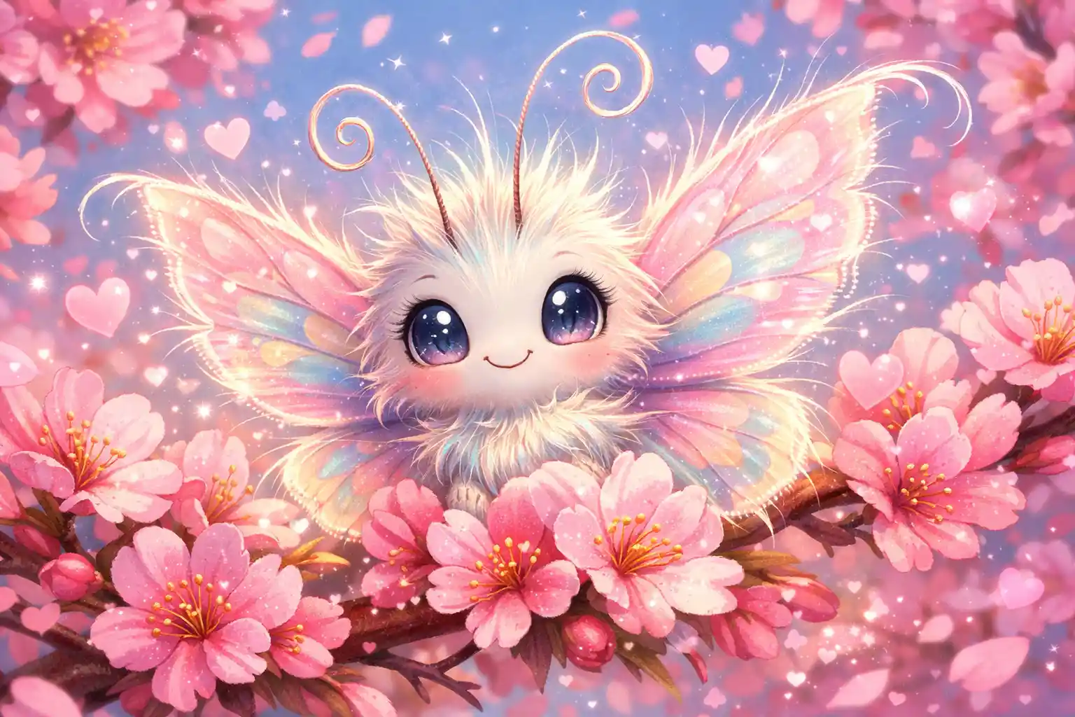 Cute Baby Butterfly Among Pink Cherry Blossoms