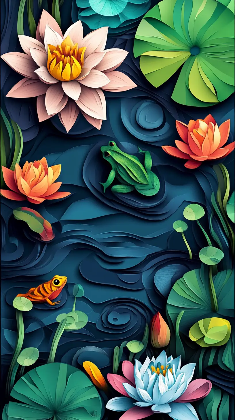 Vibrant digital pond scene with water lilies and birds