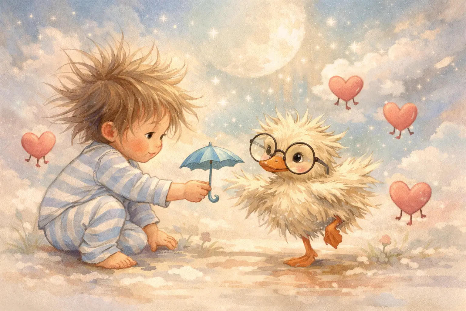 Toddler Sharing Umbrella With Quirky Glasses Duckling