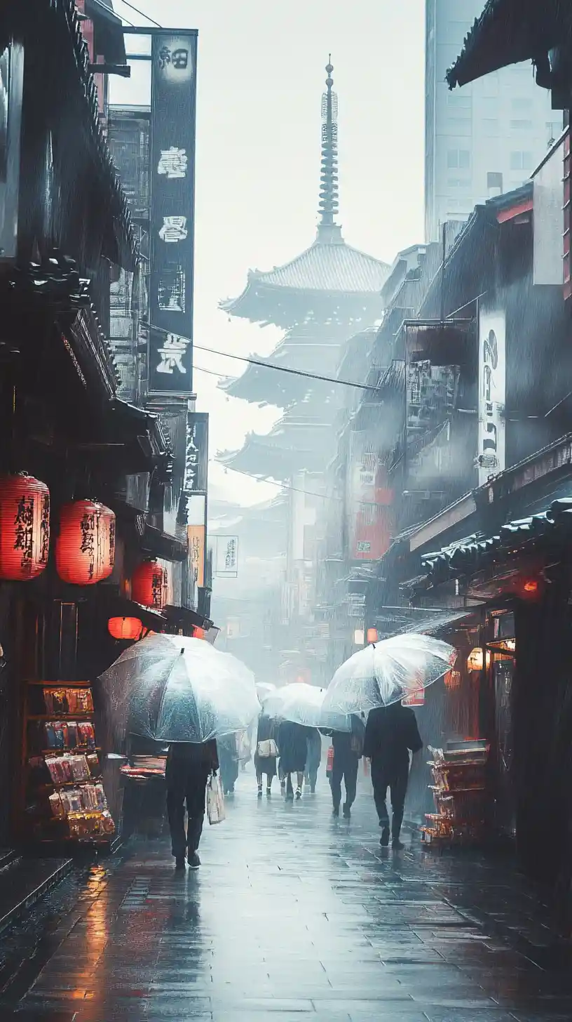 Foggy Asakusa street with lanterns and futuristic details