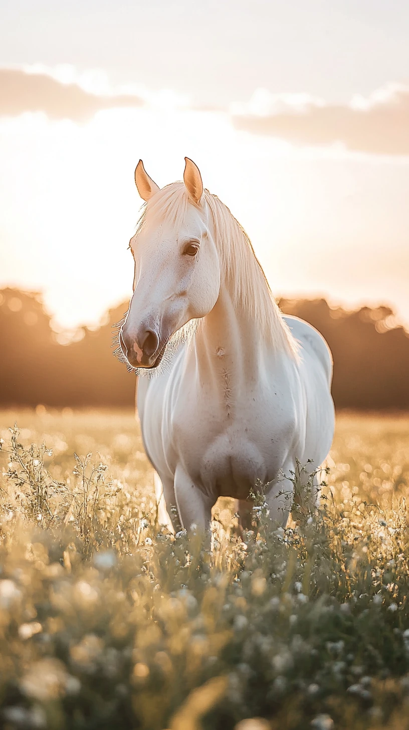 White horse standing in a sunlit meadow at dusk