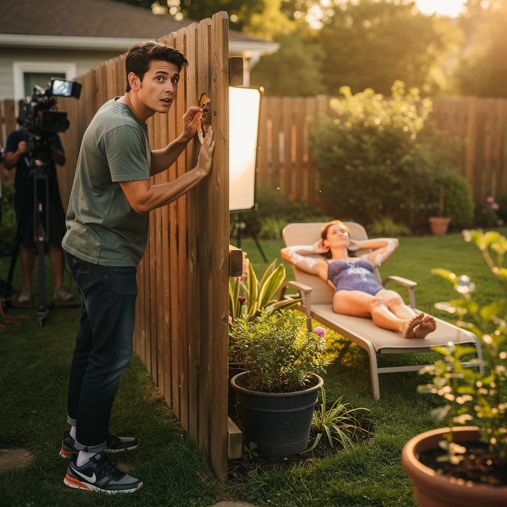 Man watching neighbor through a hole in a garden fence