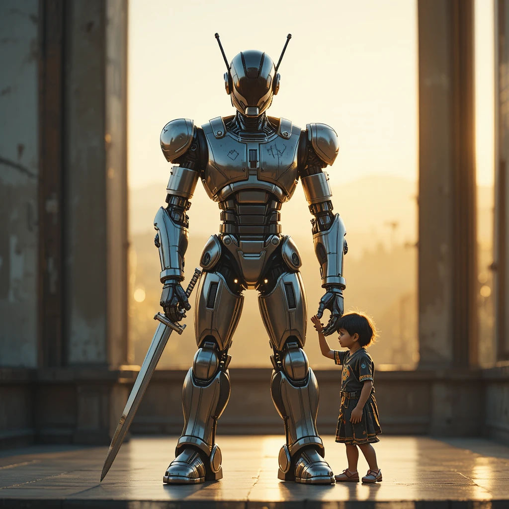 Heroic robot gently holding a small childs hand at sunset