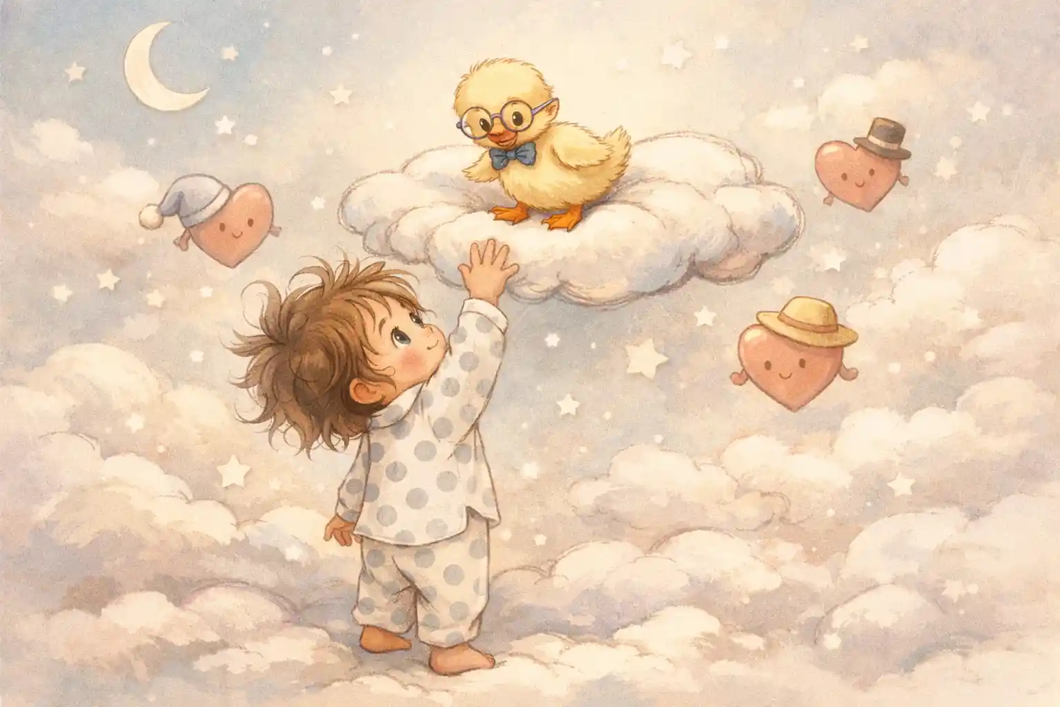Curious toddler reaching for duckling on cloud pillow