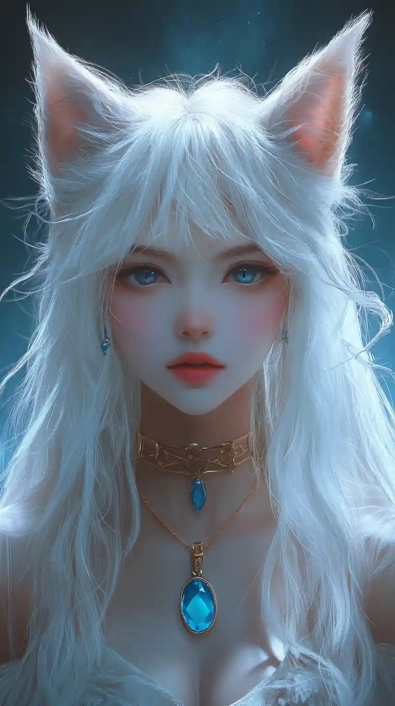 White haired anime girl with cat ears and blue jewelry