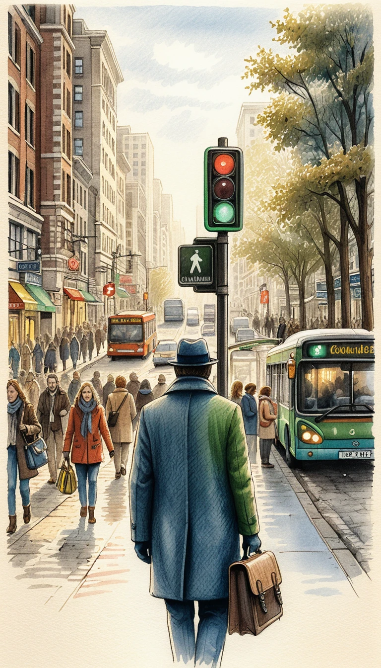 Man With Briefcase On Busy Morning City Street Illustration