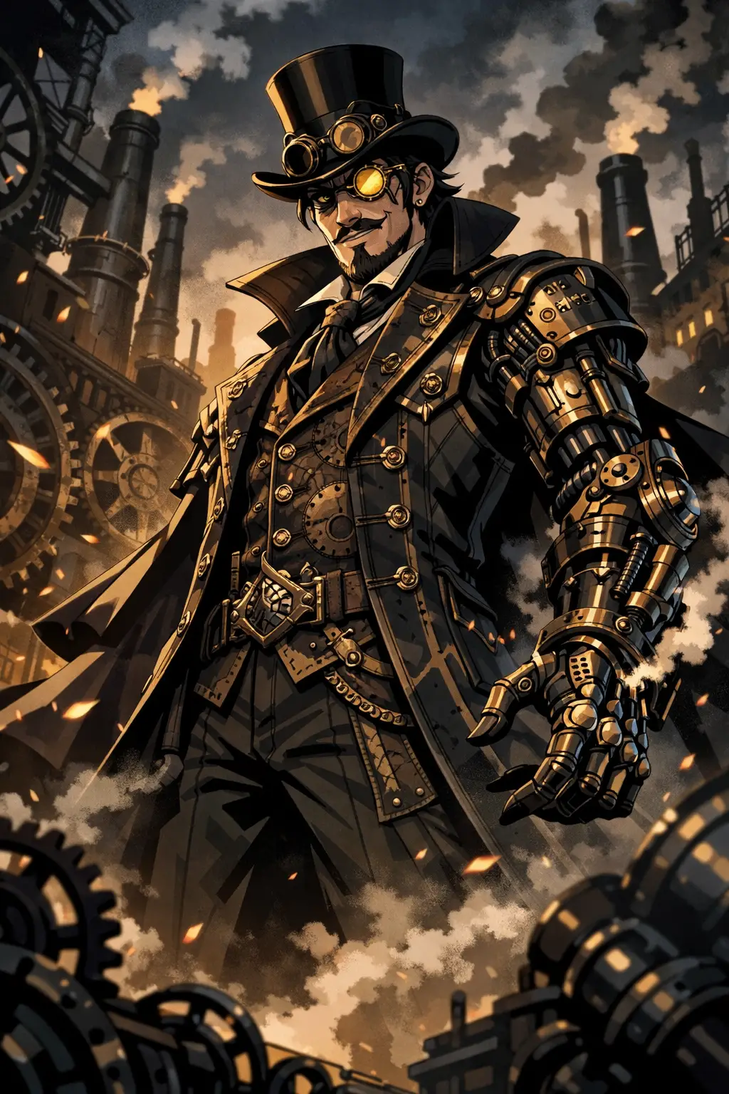Steampunk clockwork baron towering over a foggy victorian city