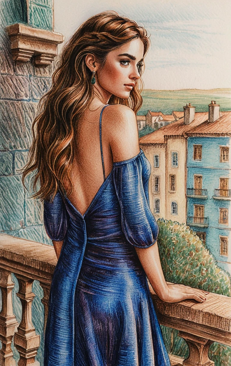 Freckled girl in blue dress on rustic stone balcony