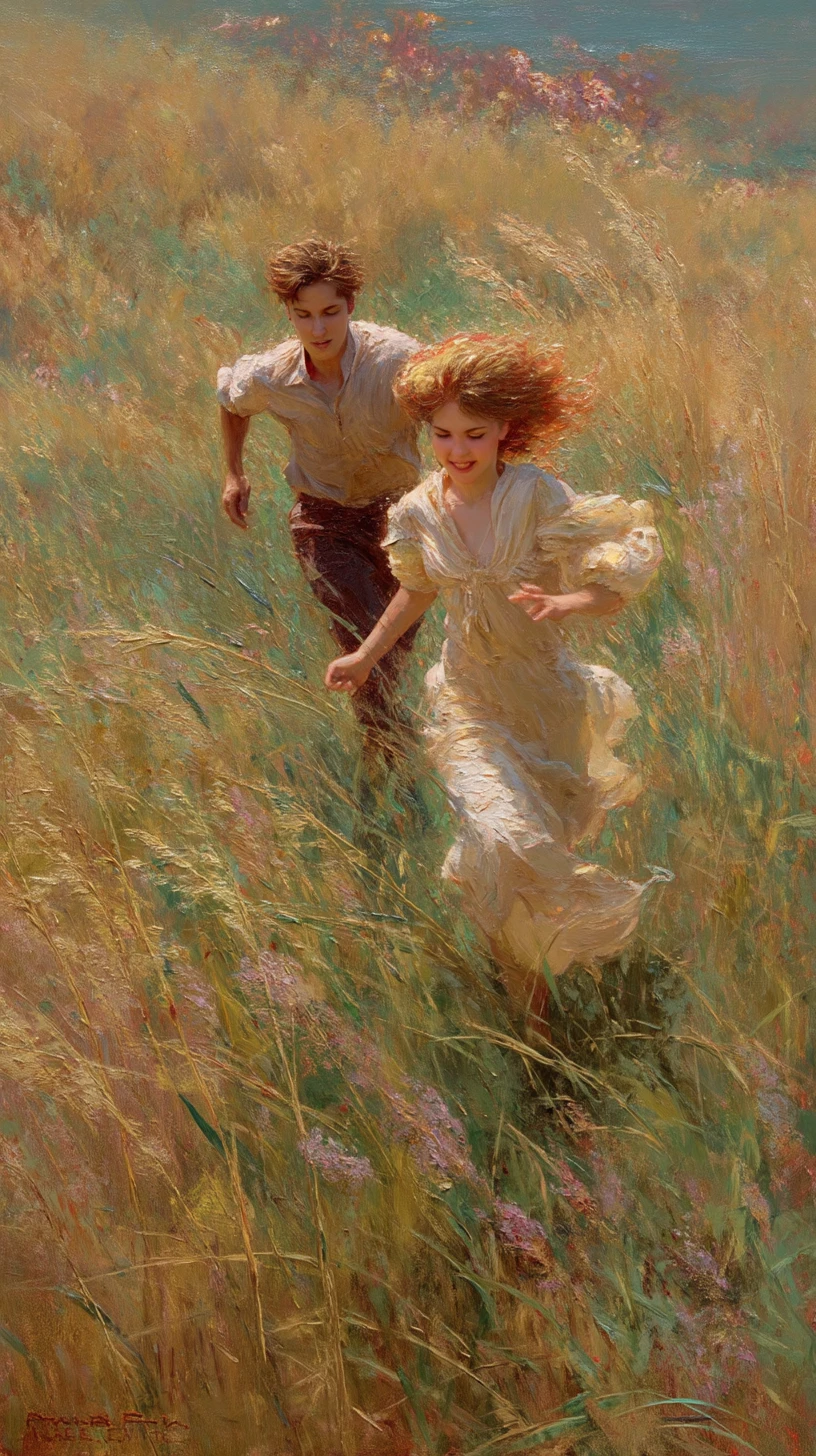 Couple running through a summer meadow in soft oil painting