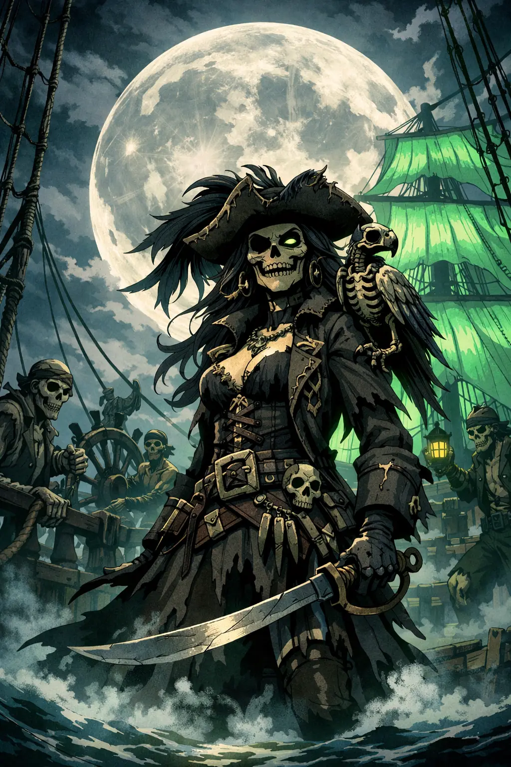Undead pirate captain on a ghost ship under the full moon