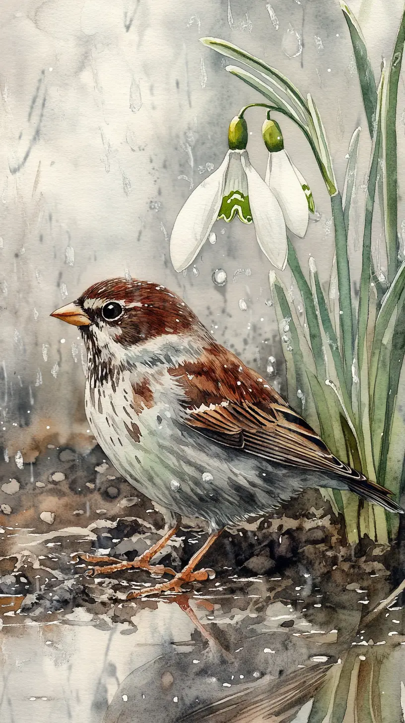Watercolor sparrow beside snowdrop on rainy reflective ground