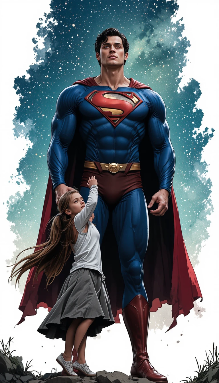 Hero helping a hopeful girl beneath a starlit sky