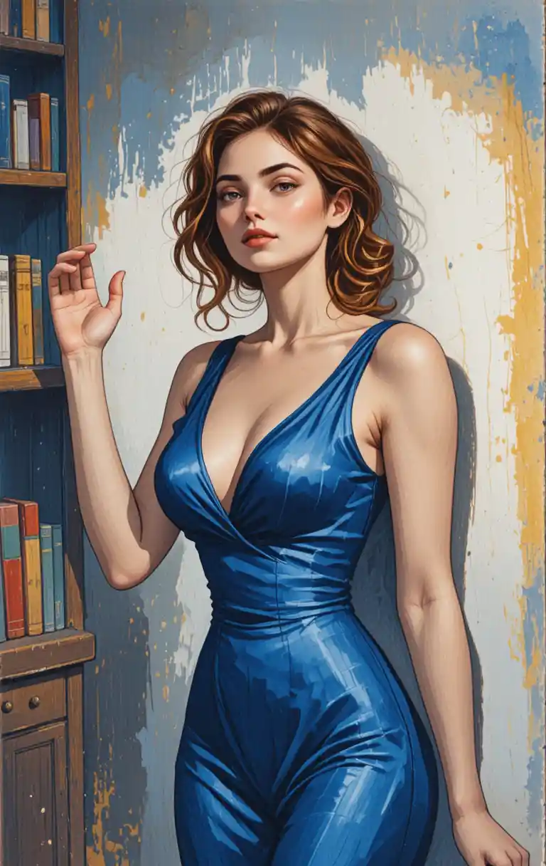 Elegante Frau im blauen Seidenmantel – Buntstiftporträt