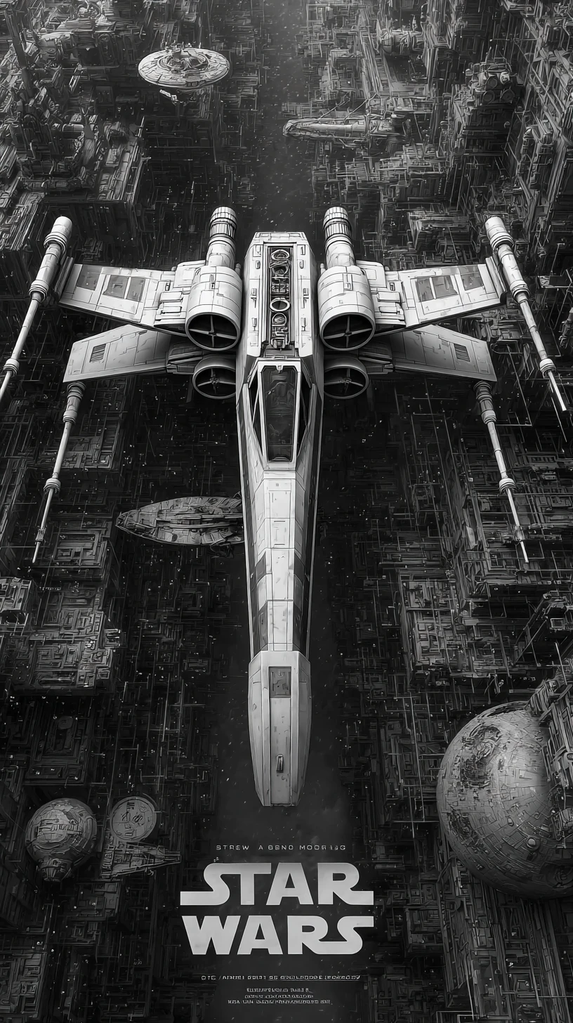 Minimalistisches Schwarz-Weiß-Poster eines Starfighters im Weltraum