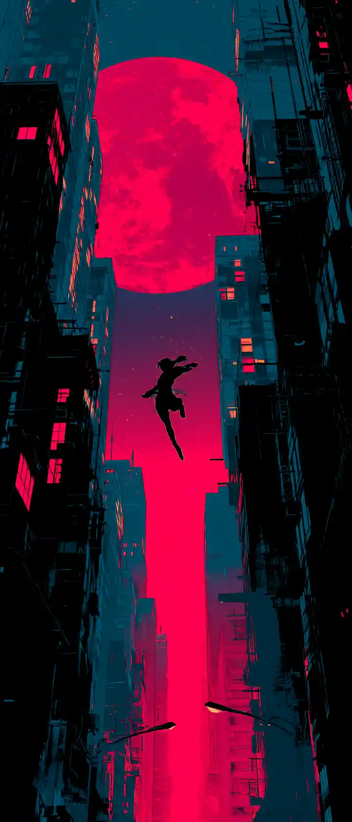 Anime shadow thief leaping across neon city skyscrapers