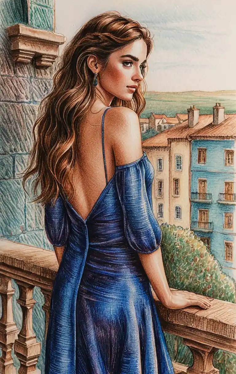 Freckled girl in blue dress on rustic stone balcony