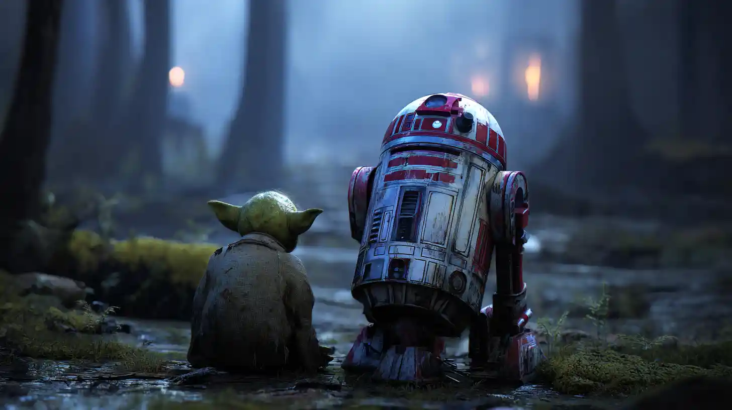 Cinematic wide shot of a group of futuristic droids