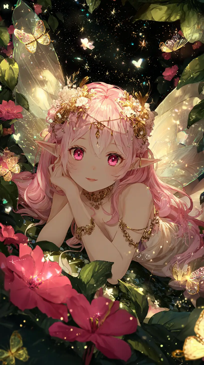 Fata ragazza in stile anime sognante in un giardino cosmico luminoso